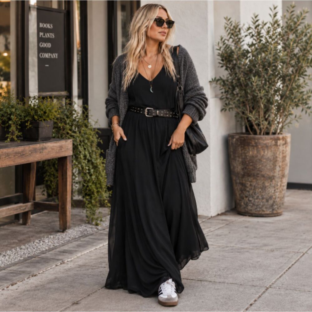 show me your mumu black chiffon maxi dress sleeveless v neck zip back size large - Picture 1 of 9